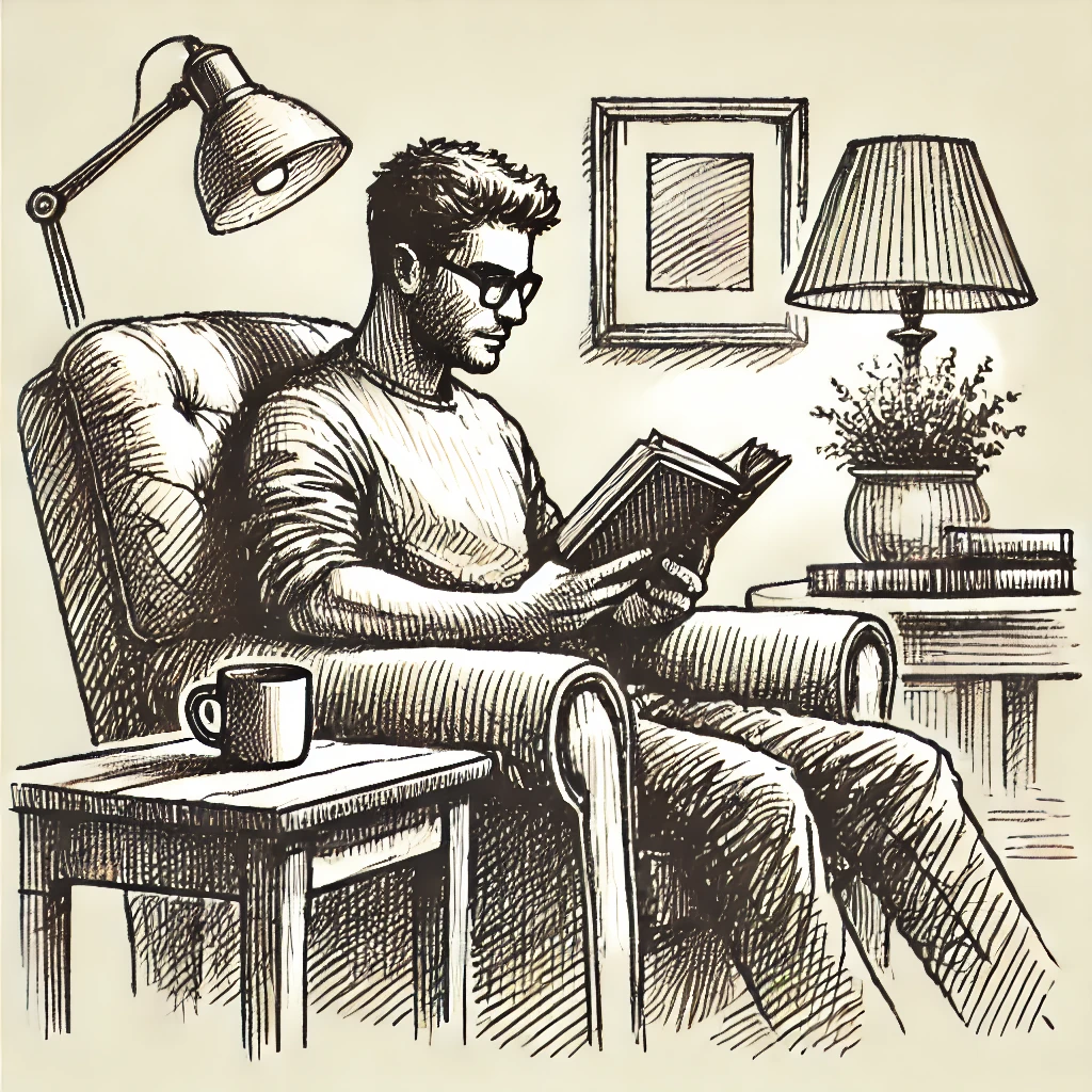 An AI-generated sketch of a man reading a book in an armchair